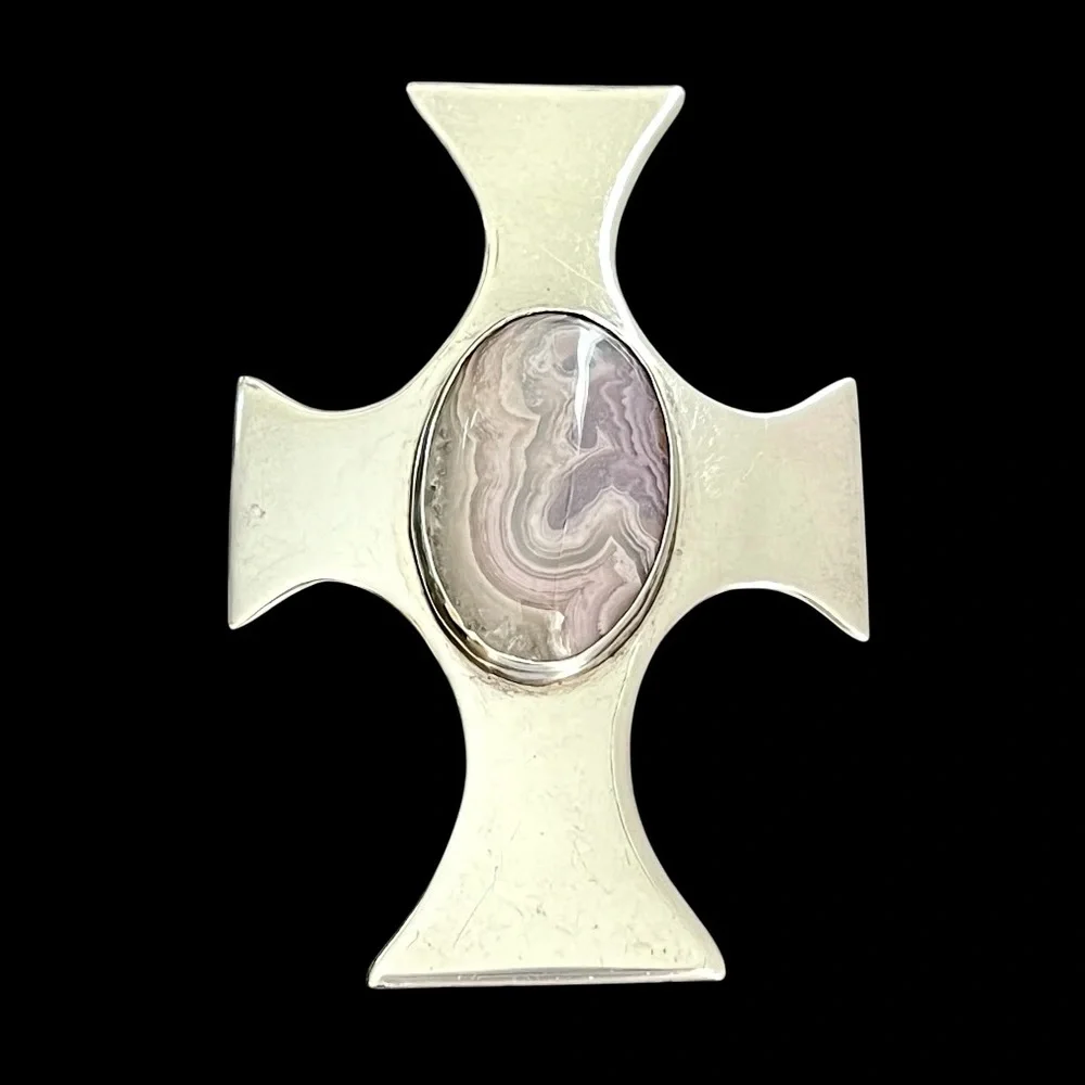 Large vintage sterling silver cross brooch pin with lace agate stone